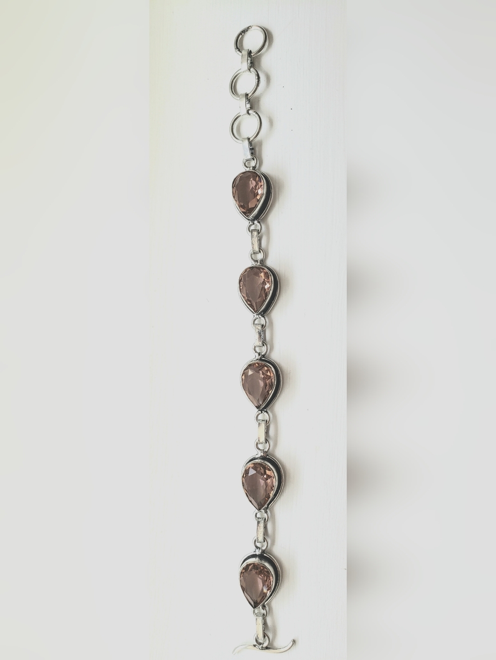NEW, Peach Morganite Bracelet, Silver & Faceted Teardrop Stones, 8" Artisan Made - Picture 4 of 7